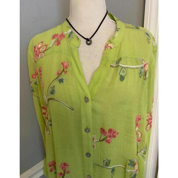 Floral Embroidered Button-Up Shirt in Vibrant Lime Green - Picture 4 of 9